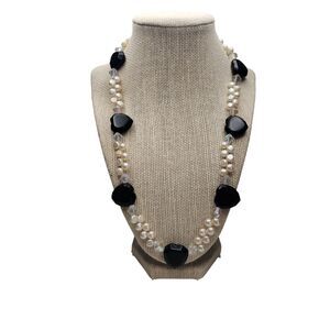 Onyx & Pearl Heart Necklace Single Strand Sterling Silver Lobster Clasp 22" Long